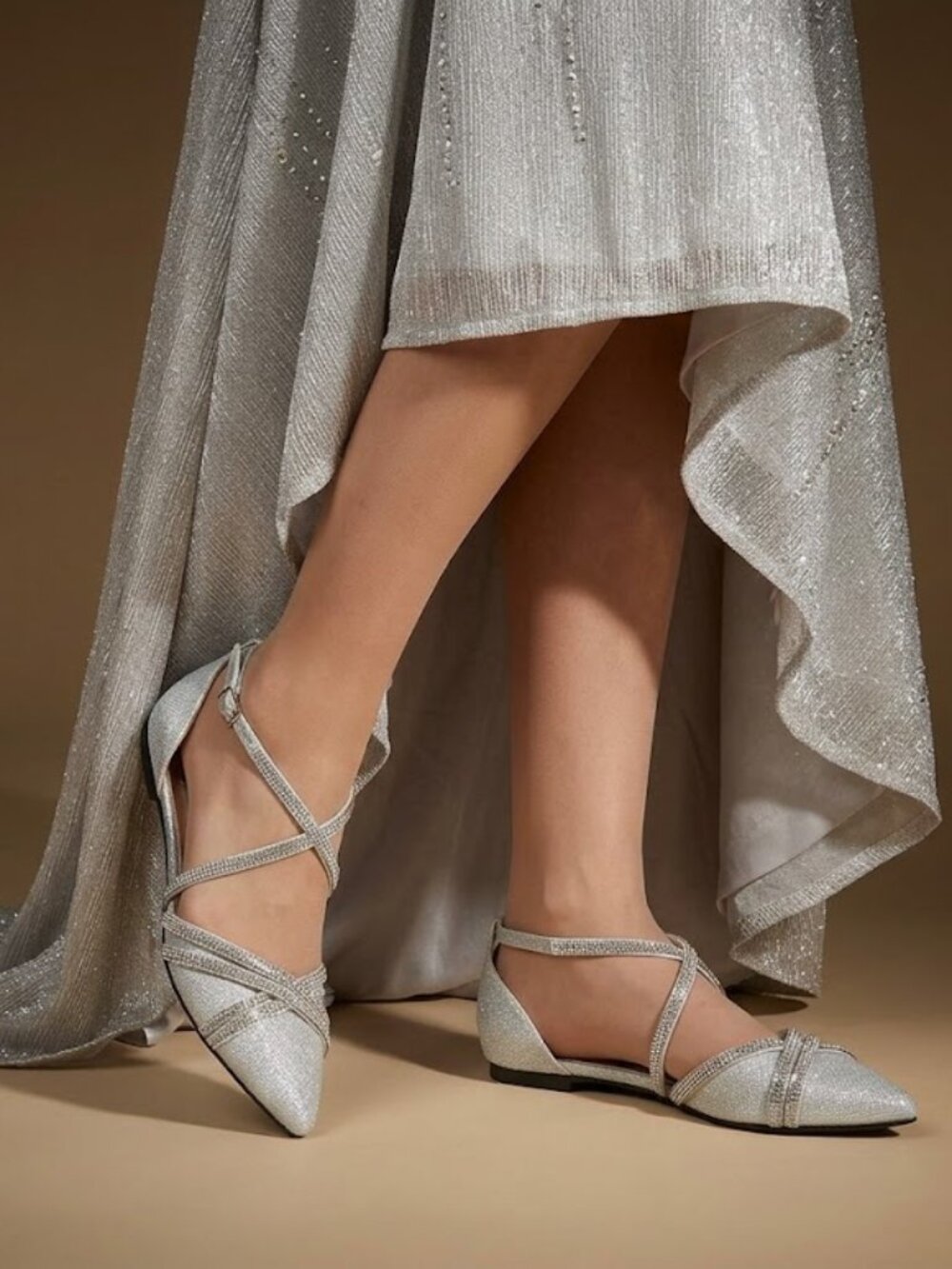 Fuzzy Sparkling Silver Pointed Toe Flats with Rhinestone Straps size 7